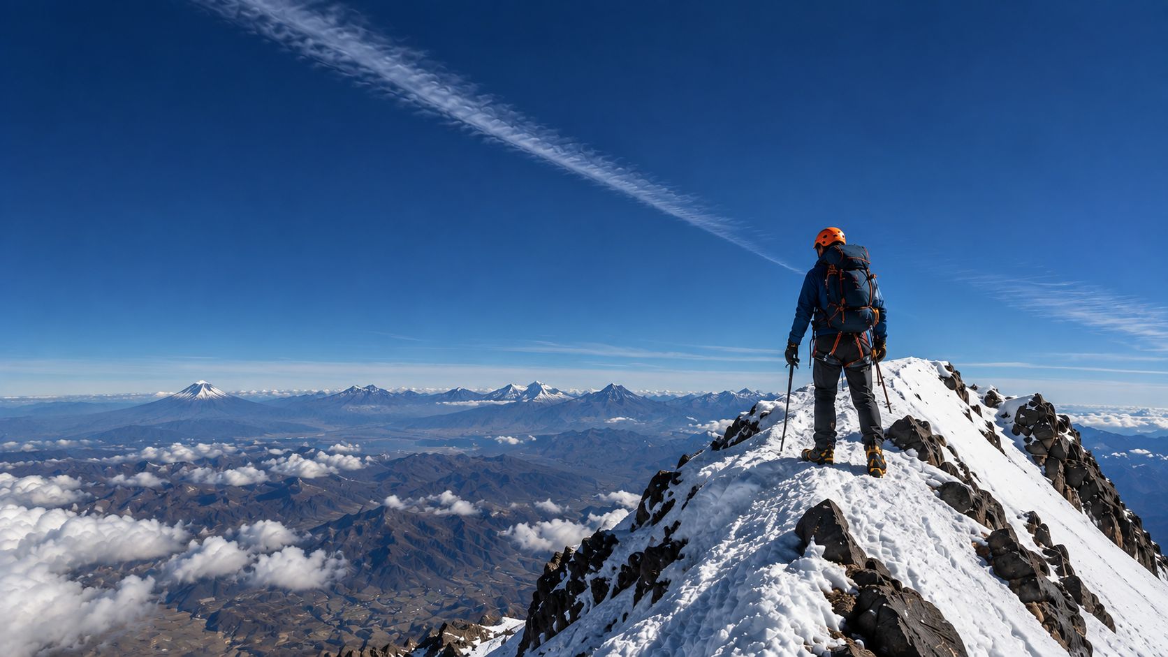 Alpinist on a snow-covered Ecuadorian Andean summit
