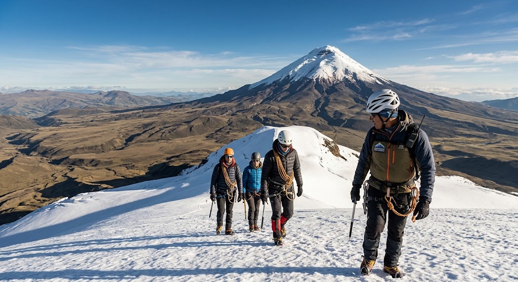 Guided high-altitude mountaineering expedition in the Ecuadorian Andes, showcasing the spectacular volcanic landscapes experienced with Ecuadorian Alpine Institute.