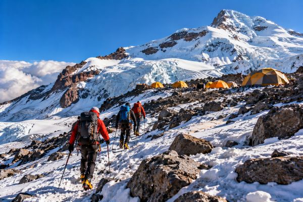 Mountaineers hiking toward Nido de Cóndores high-altitude camp on Aconcagua in Argentina, crossing snowy Andean terrain with expedition tents and spectacular mountain views.