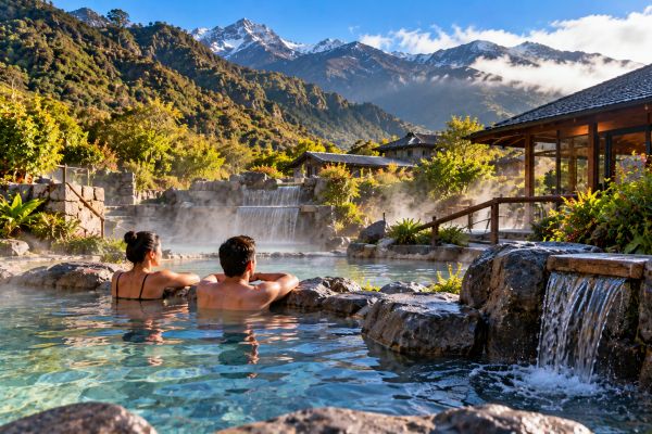 Travelers relaxing in Papallacta Hot Springs, Ecuador, surrounded by natural thermal pools, lush Andean landscapes, and breathtaking mountain views during a peaceful day of rest and recovery.