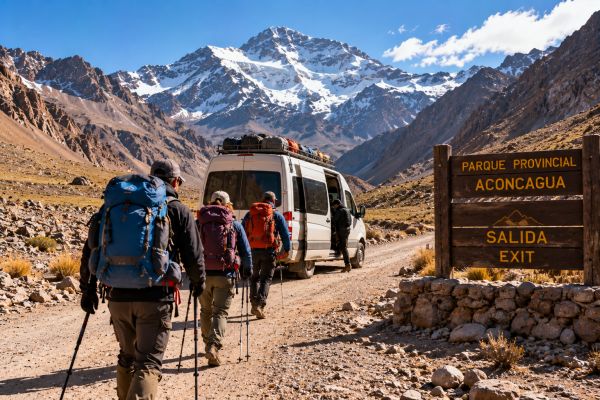 Mountaineers leaving Aconcagua Provincial Park in Argentina, boarding expedition transport for their return to Mendoza, surrounded by rugged Andean valleys and spectacular snow-capped peaks.