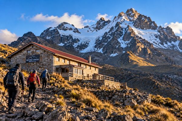Hikers approaching the Ilinizas Mountain Refuge at 4,600 meters in Ecuador, surrounded by snow-capped Andean peaks, rugged volcanic landscapes, and spectacular high-altitude mountain scenery.
