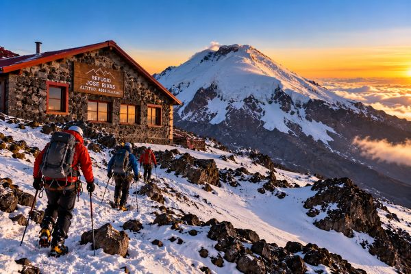 Mountaineers approaching José Rivas Refuge (4,864 m) on Cotopaxi Volcano in Ecuador, surrounded by snow-covered Andean landscapes and breathtaking high-altitude mountain scenery.