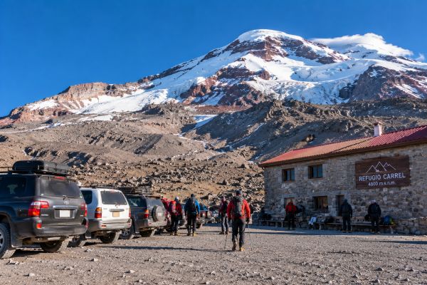Mountaineers arriving at Carrel Refuge (4,800 m) on Chimborazo Volcano in Ecuador, with 4x4 vehicles, rugged Andean landscapes, and spectacular views of the snow-covered summit.