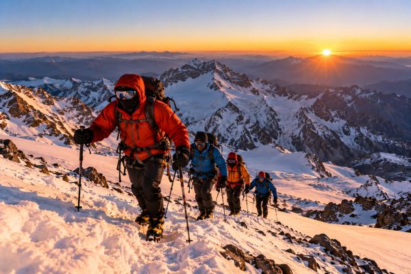 Mountaineers attempting to summit Aconcagua (6,961 m) in Argentina, ascending snowy slopes at sunrise during a challenging high-altitude climbing expedition in the Andes Mountains.