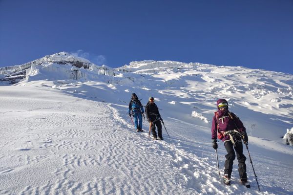 A roped mountaineering team hikes up the snow-covered glacier route of Cotopaxi Volcano under a bright blue sky in Ecuador.