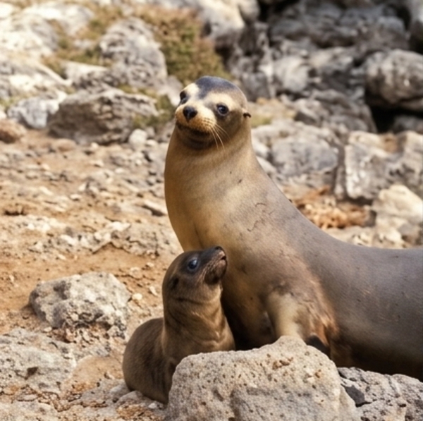 Galápagos Sea Lion Family on Lava Shore