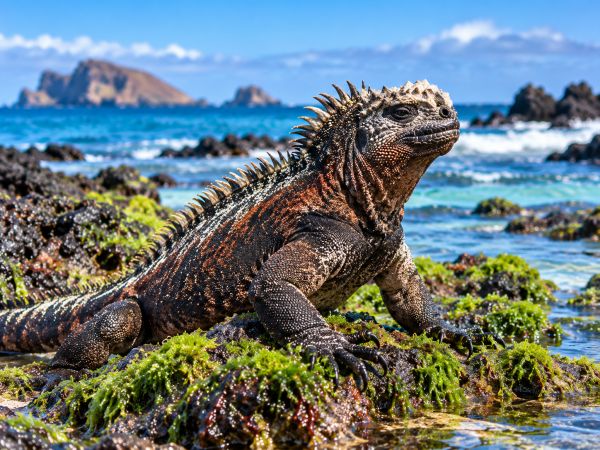 Close-up of a Galapagos marine iguana (Amblyrhynchus cristatus) resting on algae-covered volcanic rocks along the intertidal coastline of the Galapagos Islands, Ecuador, surrounded by turquoise ocean waters and unique volcanic landscapes.