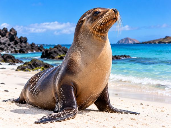 Close-up of a Galapagos sea lion (Zalophus wollebaeki) resting upright on a pristine white-sand beach in the Galapagos Islands, Ecuador, surrounded by crystal-clear turquoise waters, volcanic rocks, and stunning coastal scenery.