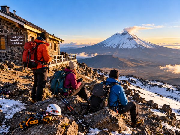 Mountaineers resting near José Ribas Refuge (4,864 m / 15,958 ft) on Cotopaxi Volcano in Ecuador, enjoying breathtaking views of the snow-covered Andean landscape while preparing for their high-altitude summit expedition. Climbers review their mountaineering equipment and get ready for the challenging Cotopaxi summit ascent in the Ecuadorian Andes.