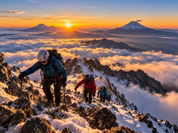 Mountaineers ascending Iliniza Norte Volcano (5,125 m / 16,814 ft) at sunrise in the Ecuadorian Andes, navigating rugged, snow-covered mountain ridges above a spectacular sea of clouds. This challenging high-altitude climbing and acclimatization adventure offers breathtaking panoramic views of Cotopaxi, Chimborazo, and Ecuador's majestic Avenue of the Volcanoes.