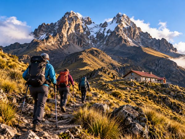 Hikers trekking toward the Iliniza Mountain Refuge (4,600 m / 15,092 ft) in Ecuador's Andes, surrounded by the dramatic peaks of Iliniza Norte and Iliniza Sur. This breathtaking high-altitude acclimatization adventure features rugged mountain trails, spectacular Andean landscapes, and unforgettable trekking experiences near Quito, Ecuador.