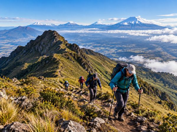 Hikers ascending Pasochoa Volcano (4,199 m / 13,773 ft) near Quito, Ecuador, enjoying a high-altitude acclimatization trek with breathtaking panoramic views of the Avenue of the Volcanoes, snow-capped Andean peaks, and Ecuador's spectacular mountain landscapes.