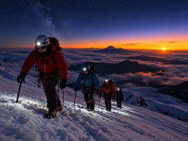 Mountaineers ascending Cotopaxi Volcano (5,897 m / 19,347 ft) in Ecuador during a spectacular pre-dawn summit climb. Equipped with headlamps, crampons, ice axes, and climbing ropes, the expedition team crosses the snow-covered glacier under a star-filled sky as the first rays of sunrise illuminate the majestic Ecuadorian Andes above a breathtaking sea of clouds.