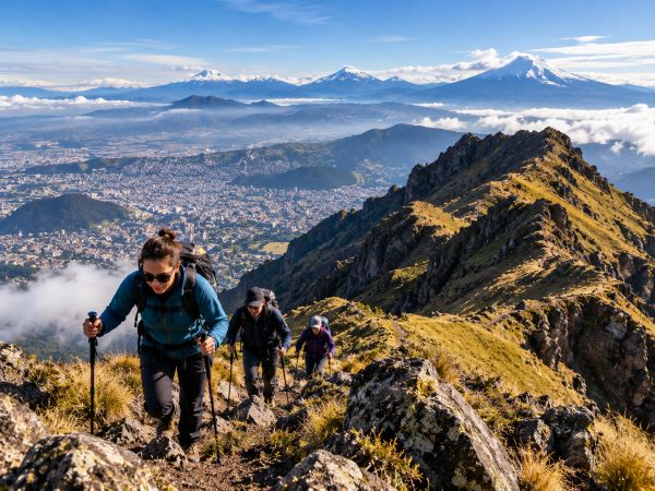 Hikers ascending Rucu Pichincha Volcano (4,696 m / 15,407 ft) above Quito, Ecuador, enjoying a high-altitude acclimatization trek along rugged Andean mountain trails, with breathtaking panoramic views of Quito, distant snow-capped volcanoes, and the spectacular Ecuadorian Andes.
