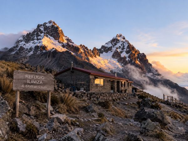 The historic Refugio Iliniza (4,600m / 15,092ft) stone mountain hut at sunset, situated below the dramatic peaks of Iliniza Norte and Iliniza Sur in Ecuador.