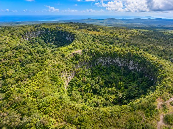Spectacular aerial view of Los Gemelos on Santa Cruz Island in the Galapagos Islands, Ecuador, featuring massive volcanic sinkholes surrounded by lush highland forest and unique Galapagos landscapes.