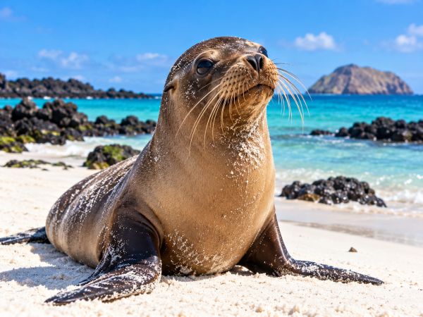 Close-up of a Galapagos sea lion (Zalophus wollebaeki) resting on a pristine white-sand beach in the Galapagos Islands, Ecuador, surrounded by turquoise waters and volcanic coastal landscapes.
