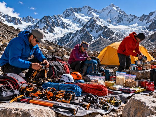 Mountaineers preparing climbing gear, ropes, crampons, and expedition food at base camp before ascending Tocllaraju High Camp in Peru's Cordillera Blanca, surrounded by spectacular Andean peaks.