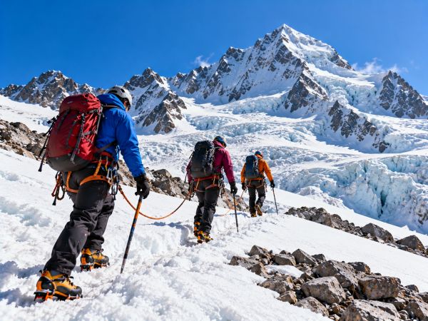 Mountaineers ascending from Ishinca Valley toward Tocllaraju High Camp in Peru's Cordillera Blanca, crossing snow-covered glaciers surrounded by spectacular Andean peaks and breathtaking alpine scenery.