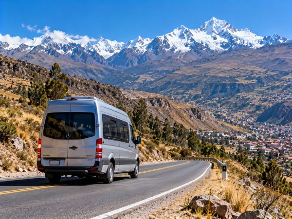 Private minibus traveling from Huaraz to Lima, Peru, along scenic Andean mountain roads, offering breathtaking views of the Cordillera Blanca after an unforgettable mountaineering expedition.
