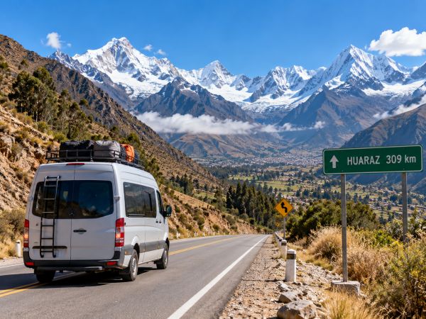 Scenic road trip from Lima to Huaraz, Peru, aboard a private expedition vehicle traveling through breathtaking Andean valleys toward the majestic snow-capped peaks of the Cordillera Blanca. This unforgettable journey offers spectacular mountain landscapes and marks the beginning of an exciting high-altitude trekking and mountaineering adventure in the Peruvian Andes.