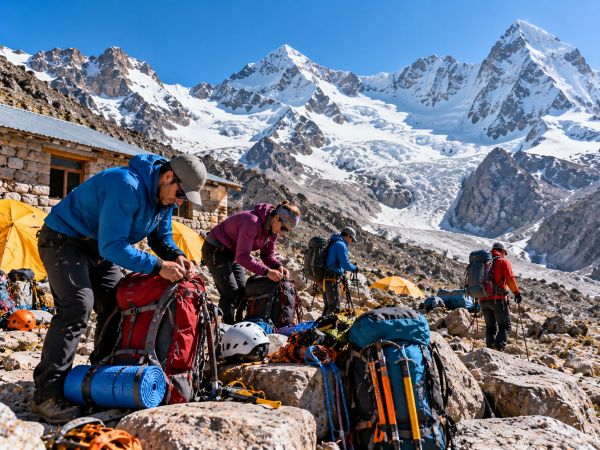 Mountaineers preparing their climbing equipment at Ishinca Base Camp in the Cordillera Blanca near Huaraz, Peru, before beginning their ascent toward Ishinca High Camp. Surrounded by spectacular snow-capped Andean peaks and glaciers, expedition members organize backpacks, climbing ropes, helmets, crampons, and ice axes for their upcoming high-altitude mountaineering adventure.