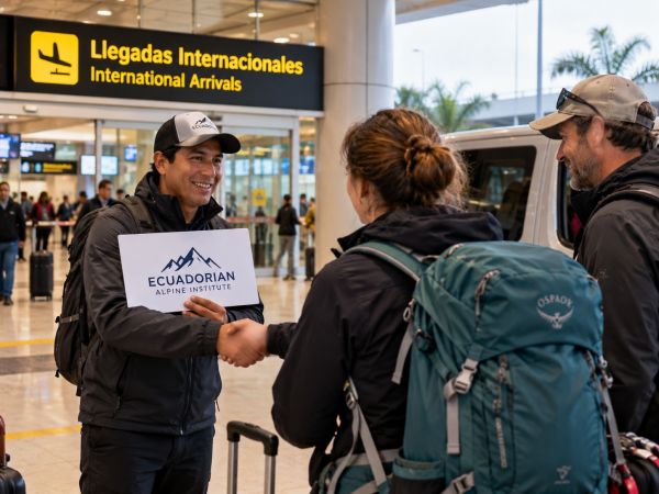 International travelers arriving at Jorge Chávez International Airport in Lima, Peru, receive a warm welcome from an Ecuadorian Alpine Institute representative before their private airport transfer to a nearby hotel. This personalized meet-and-greet service marks the beginning of an unforgettable Peru mountaineering expedition to the Cordillera Blanca, featuring spectacular Andean landscapes and high-altitude climbing adventures.