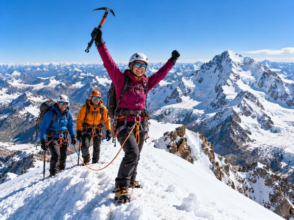 Mountaineers celebrating their summit ascent of Nevado Ishinca in Peru's Cordillera Blanca, surrounded by breathtaking glaciers, snow-capped Andean peaks, and spectacular high-altitude landscapes.