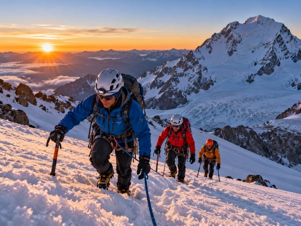 Mountaineers beginning their early morning ascent of Urus Mountain (5,495 m / 18,028 ft) in the Cordillera Blanca near Huaraz, Peru. Equipped with crampons, ice axes, climbing ropes, and helmets, climbers navigate snow-covered slopes as the first golden rays of sunrise illuminate the spectacular Peruvian Andes. This high-altitude mountaineering expedition offers breathtaking glacier landscapes, dramatic mountain scenery, and an unforgettable summit climbing adventure in Huascarán National Park.