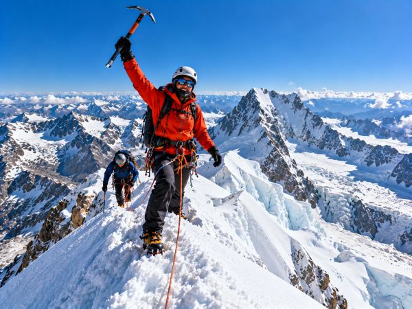 Mountaineers attempting the summit of Nevado Tocllaraju in Peru's Cordillera Blanca, climbing steep snowy ridges with ice axes and ropes amid spectacular glaciers and breathtaking Andean peaks.