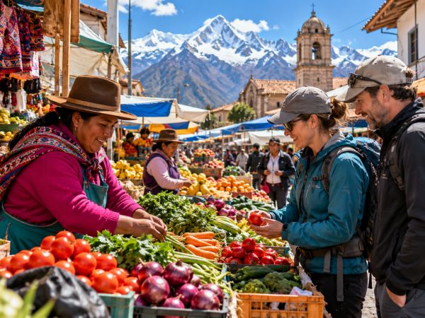 Travelers exploring a traditional local market in Huaraz, Peru, purchasing fresh fruits, vegetables, and essential supplies for their upcoming Cordillera Blanca mountaineering expedition. Surrounded by colorful Andean market stalls, friendly local vendors, traditional Peruvian culture, and breathtaking snow-capped mountains, this authentic experience offers a unique introduction to Huaraz, the gateway to trekking and high-altitude climbing adventures in the Peruvian Andes.