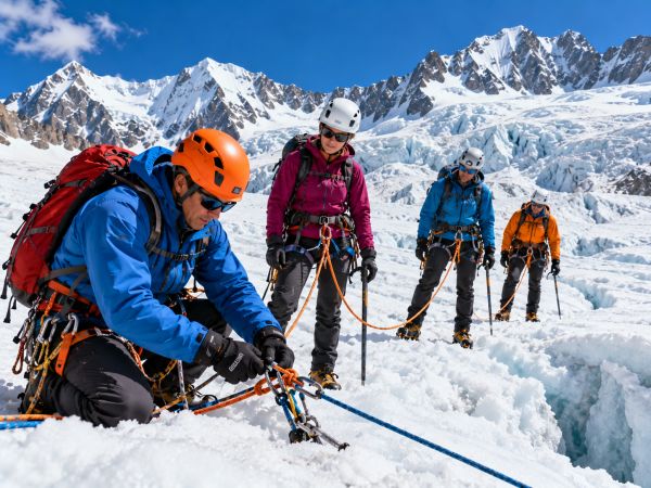 Mountaineers practicing glacier climbing, rope techniques, and ice axe safety in Peru's Cordillera Blanca, preparing for high-altitude expeditions near Huaraz in the spectacular Peruvian Andes.